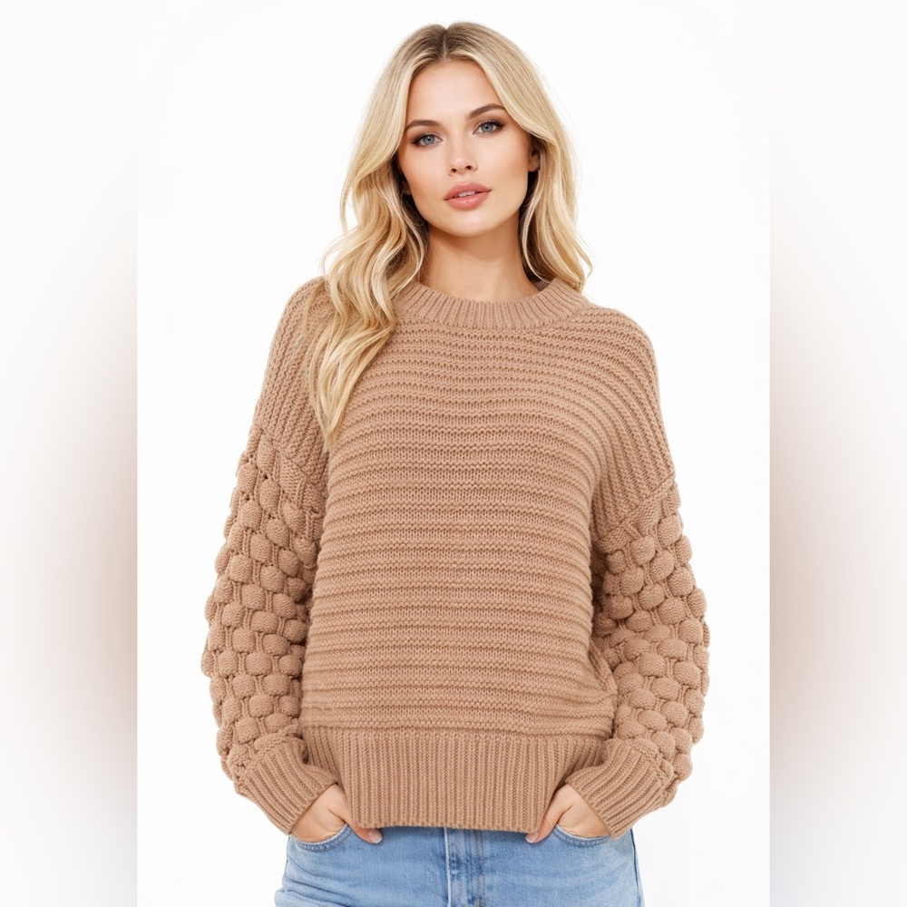 Elodie Bubble Chunky Knit Long Sleeve Cozy Sweater Women M Cream Tan
